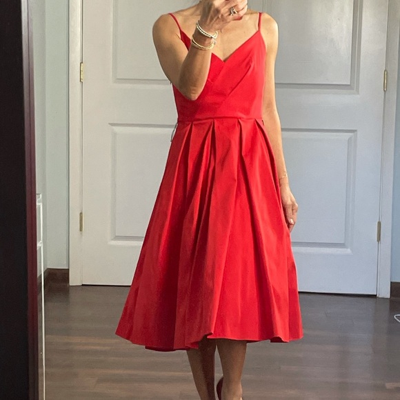 J Crew Red A line V Neck Full Skirt Midi Dress 00 - Picture 4 of 10